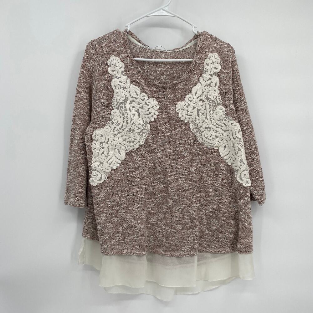 Maurices Knit Blouse Lace Details Sheer Bottom Tan 3/4 Sleeves size 2 Plus